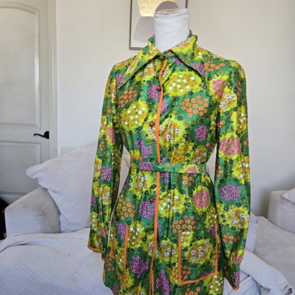 Vtg 60s Mod Mini Dress Psychedelic Floral Belted Button Front Youthquake Collar - Picture 2 of 11